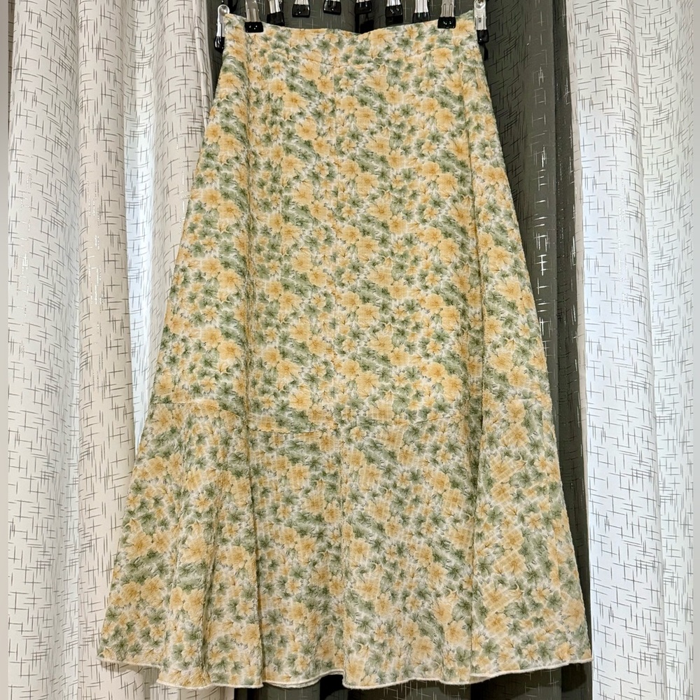 Yellow and Green Floral Print Midi A-Line Skirt